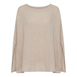 Kleen Women's MEDIUM Beige 100% Linen Boat Neck Poncho Blouse Shirt Top